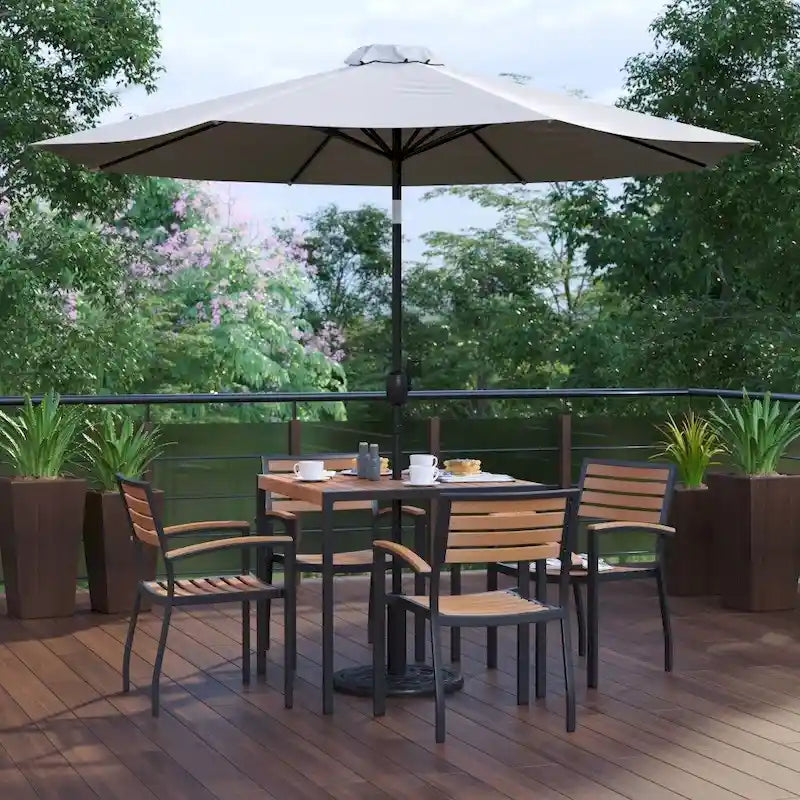 35 Square Faux Teak Patio Table, 4 Chairs and 9FT Patio Umbrella with Base