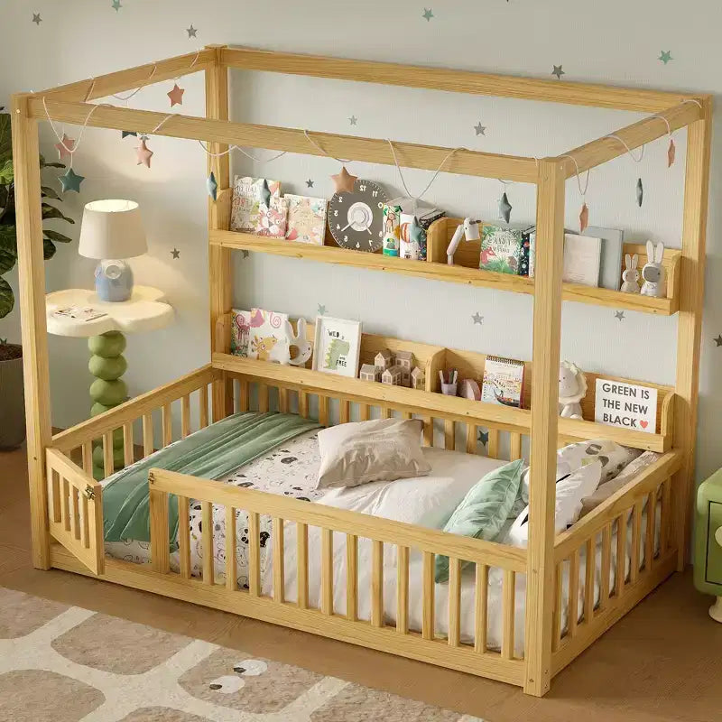 Twin/Full Montessori Floor Bed Canopy Bed Frame with Built-in Shelves & Safety Guardrails - ModernLuxe