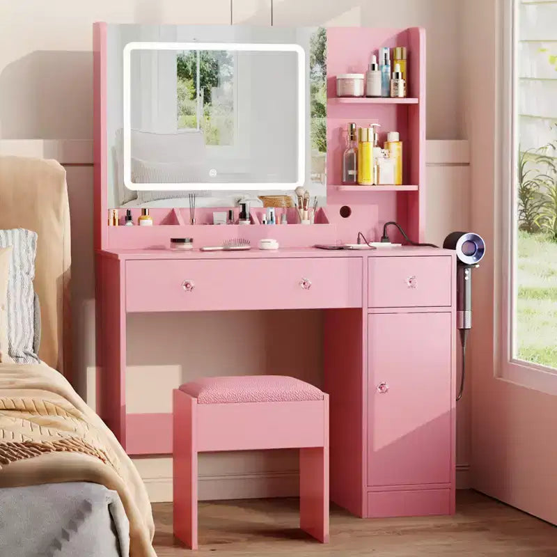 Pink Vanity Desk with Mirror and Lights Makeup Vanity Set with Stool and Power Outlet Dressing Table with Drawers Storage Shelves Lighted Mirror Desk