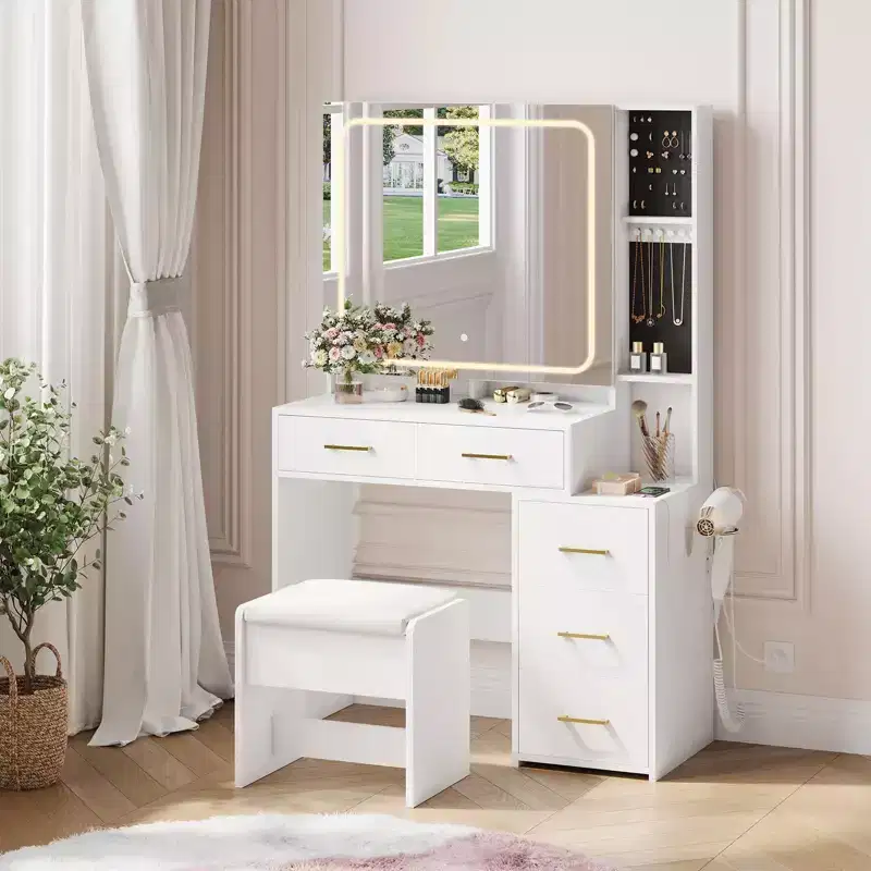 MDF Makeup Vanity Desk with Lighted Mirror and 5 Drawers 36