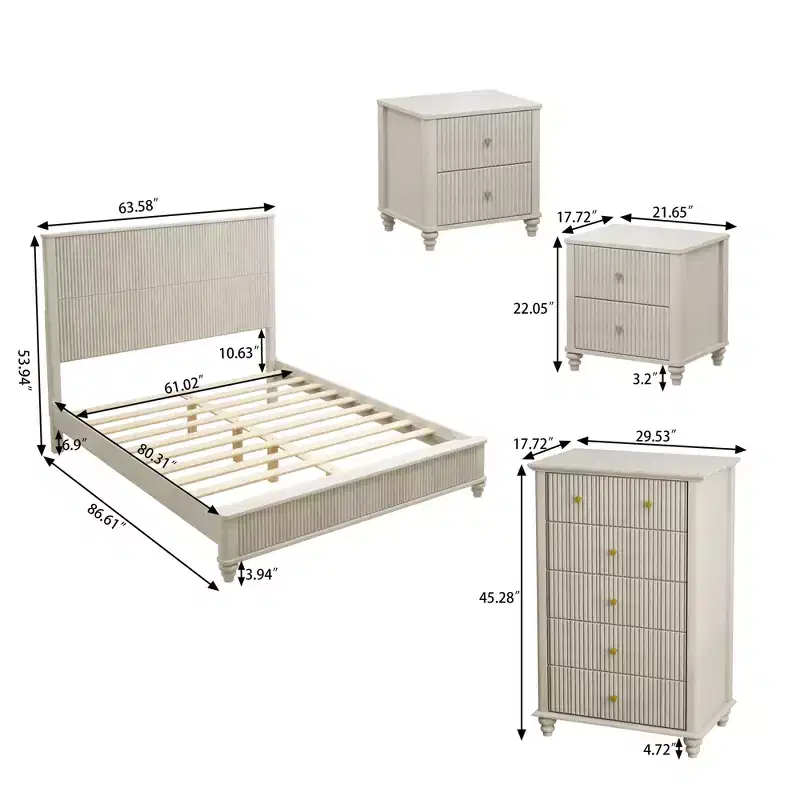 GDFStudio Doris 4 Piece Fluted Wood Bedroom Furniture Set