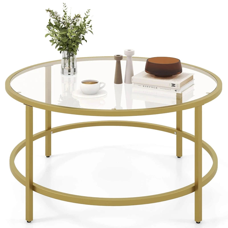 Costway 36 Round Coffee Table Tempered Glass Tabletop Metal Frame - See Details