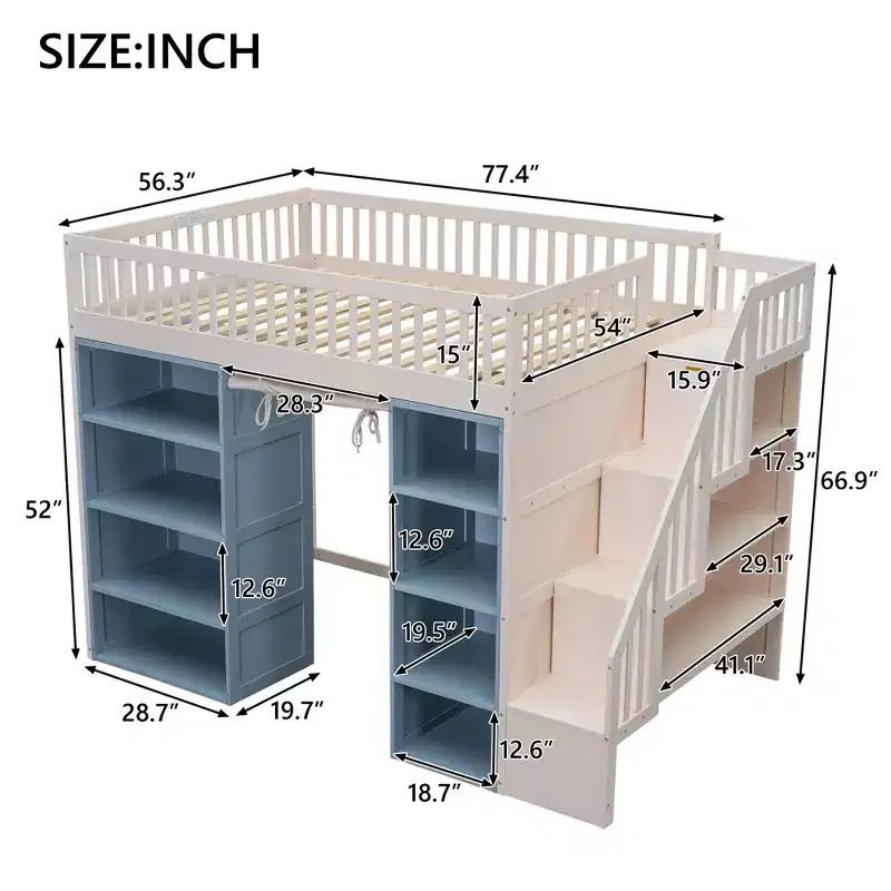 Full Size Loft Bed with 2 Four-Layer Racks and Storage Staircase, Wooden Bed Frame with Curtain and Storage Cabinets, White