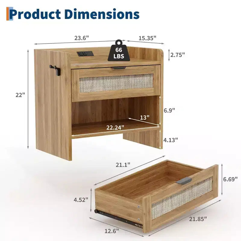 23.6w Rattan Night Stand Set of 2, Modern Side Tables with Charging Station, End Table with Storage Drawer, Open Storage Space for Bedroom