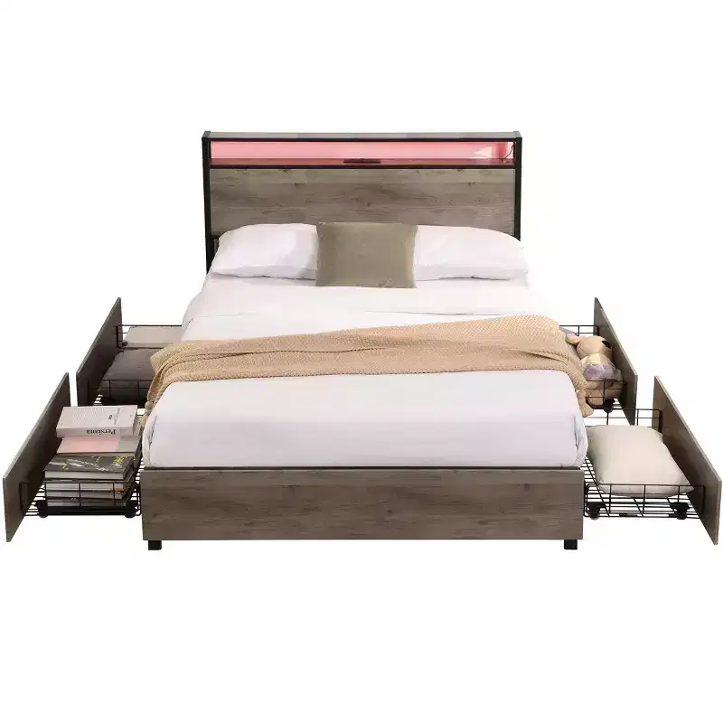 Bellemave Full Bed Frame, Storage Headboard with Charging Station, Solid and Stable, Noise Free, No Box Spring Needed, Easy Assembly,Gray