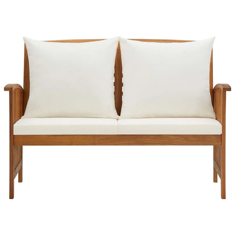Mia Outdoor Loveseat Bench, Gray Cushions, Brown Solid Wood, 47 Inch