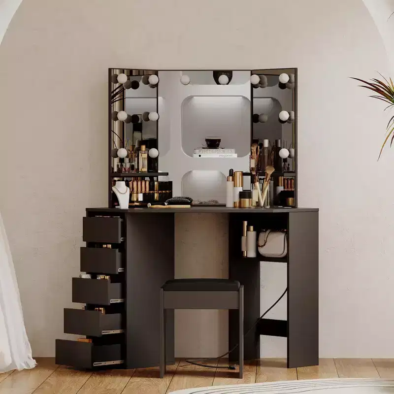 Corner Vanity and Stool, Corner Vanity Desk with Mirror and Lights, Corner Makeup Vanity with Power Outlet, 3 Color Light