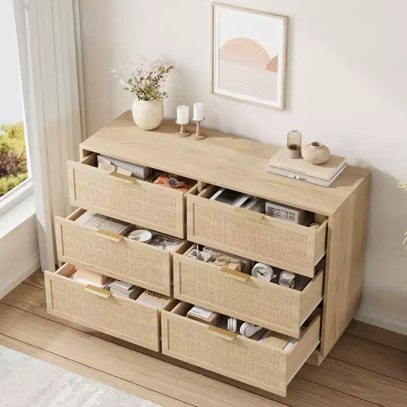 Rattan 6 Drawer Dresser, 119.4 cm Wide Natural Oak 6 Chest of Drawers with Metal Handles and Wooden Sturdy Base for Bedroom Living Room Nursery