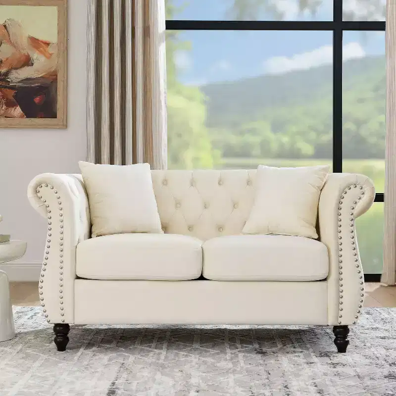 58.8-Inch Velvet Chesterfield Sofa, 2-Seater Tufted Couch with Rolled Arms & Nailhead for Living Room - Includes Two Pillows