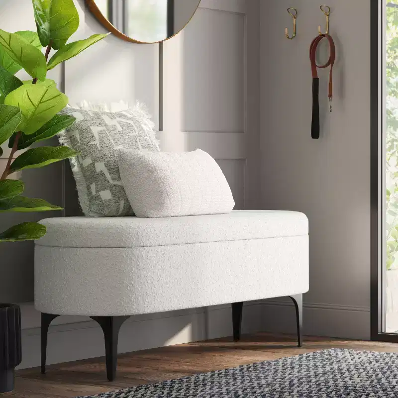 Storage Bench with Metal Legs, Cream Boucle