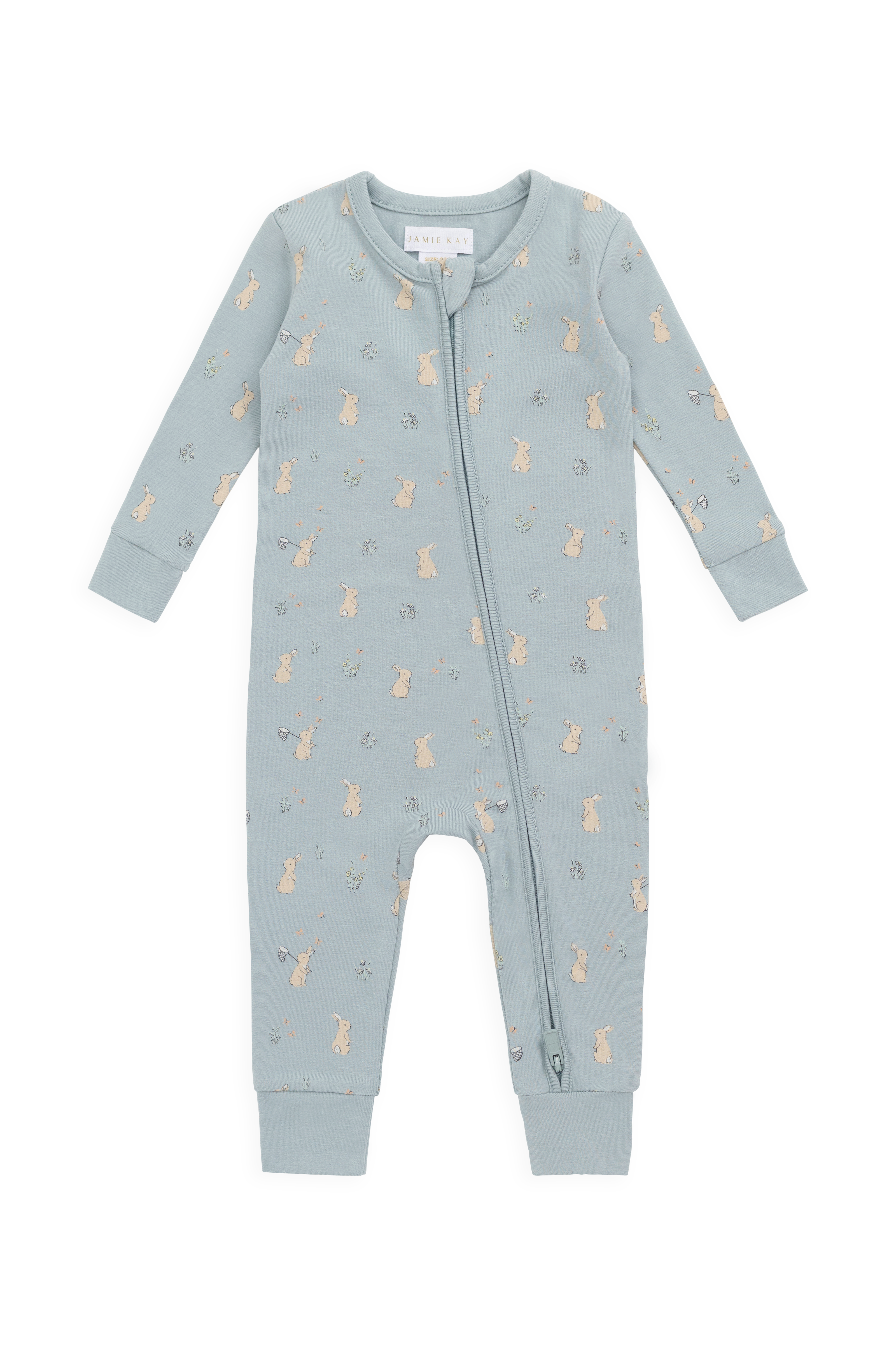 Whimsical Blue Bunny Garden Print Organic Cotton-Elastane Onepiece with Full-Length Front Zip for Baby Daily Wear (0�C3Y)