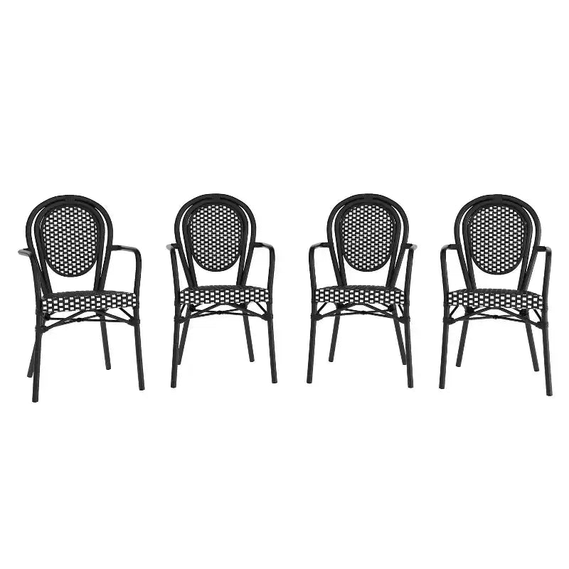Emma & Oliver Colmar Set of Four Indoor/Outdoor Stacking Thonet Bistro Style Chairs with Arms, PE Rattan Seat and Finished Metal Frame