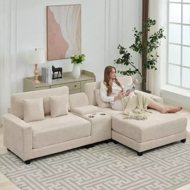 112.2'' Oversized Corduroy Sectional Sofa with a Removable Ottoman and 4 Pillows, 2 Charging Ports