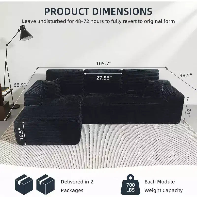 MooxvMoo Modular Sectional Sofa with Throw Pillow & Deep Seat, Comfy Plush L Shaped Couch with Chaise, 105 Boneless Couches for Living Room, Black