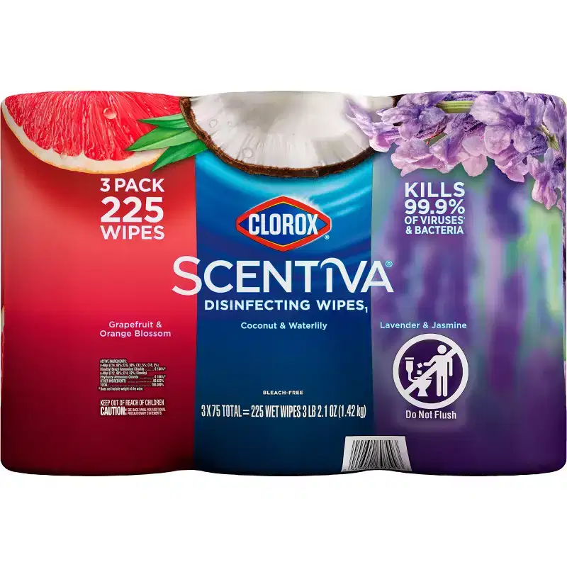 Clorox Scentiva Floral Scent Disinfecting Wipes - 225ct/3pk: Ammonia-Free, Multipurpose, Plastic Jug