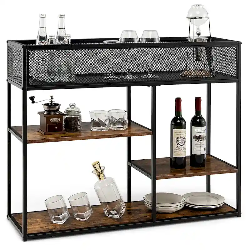 4-Tier Console Table w/ Wire Basket Narrow Sofa Table w/ shelf