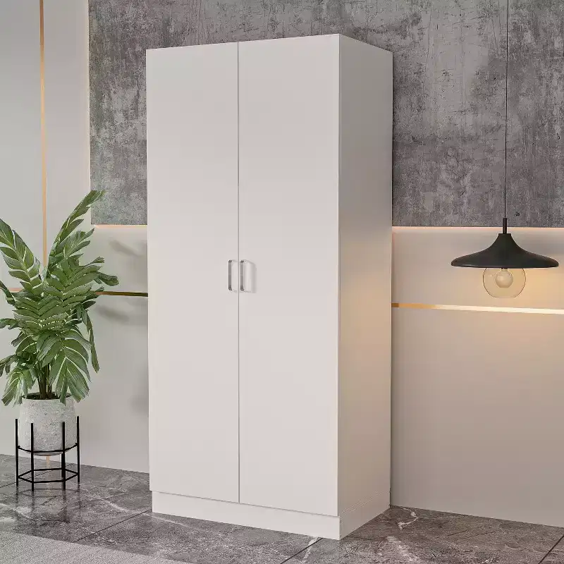 White Minimalist Double-Door Wardrobe with Hanging Section and Organized Storage