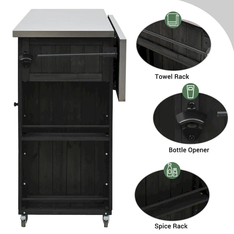 Outdoor Kitchen Island, Rustic Fir Wood with Stainless Steel Top and Smart Storage