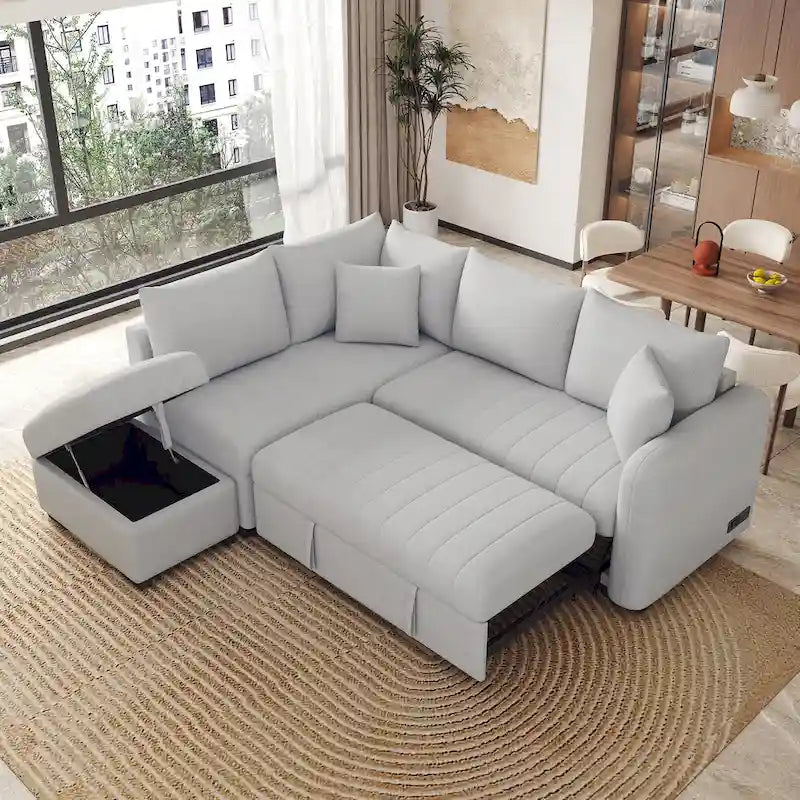 L-Shaped Pull-Out Sleeper Sofa with USB Ports, Power Sockets and Storage Ottoman