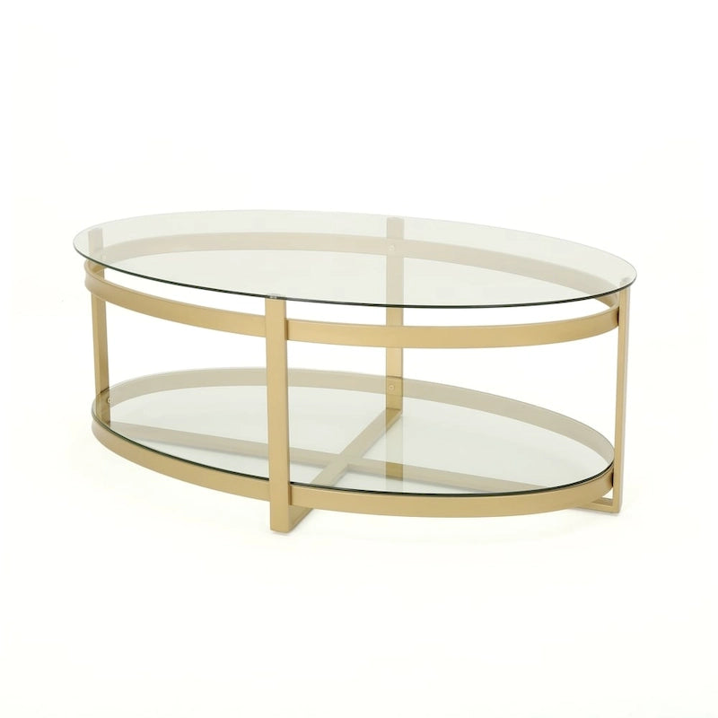 Modern tempered glass oval coffee table with wrought iron frame.