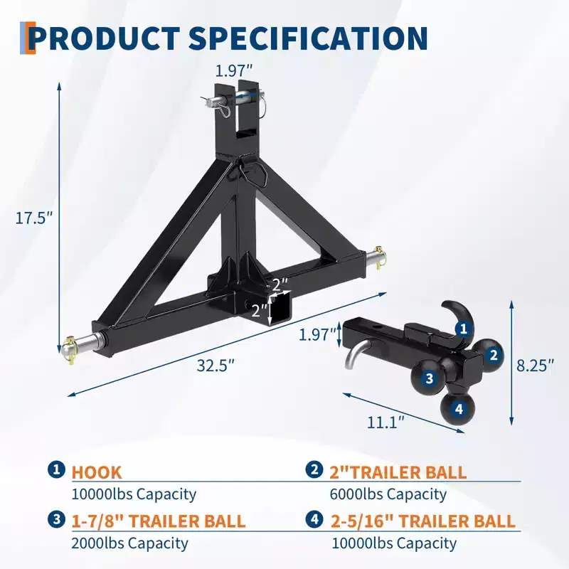 COZONY 3 Point Trailer Hitch, 2Inch Receiver 10,000 lbs Capacity for Kubota BX Kioti Yanmar NorTrac Tractors