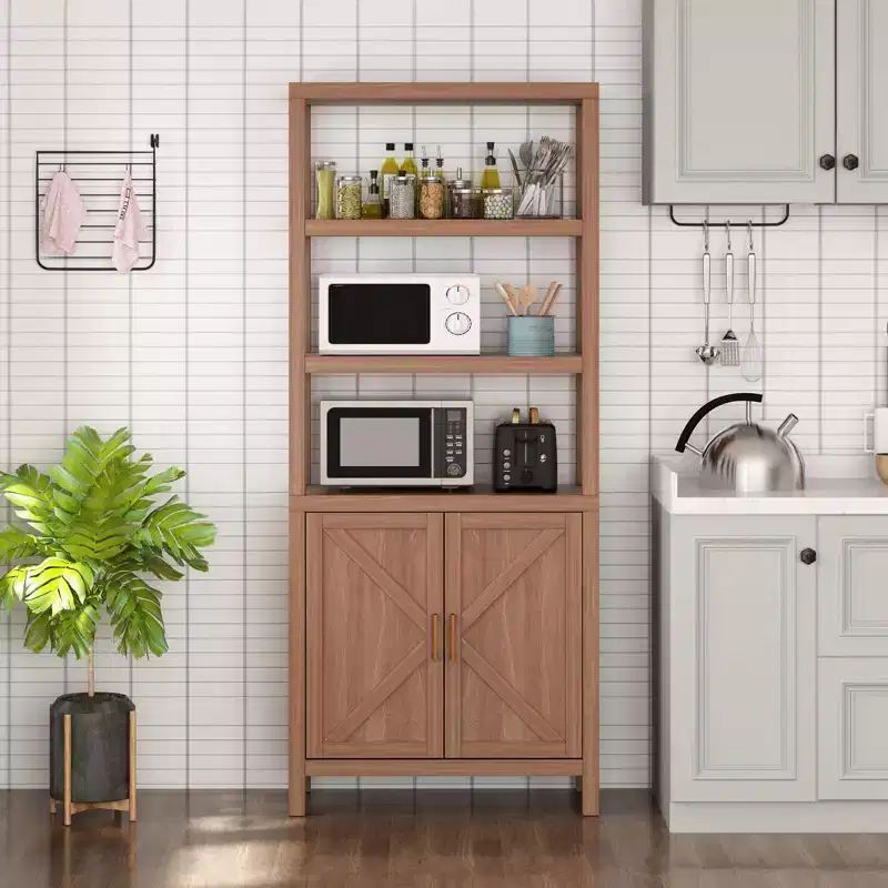 GustoWave Tier Bookshelf with Drawer, Large Farmhouse Display Book Shelf with Adjustable Shelves and Storage Cabinet, Library Wood Bookshelves,Brown