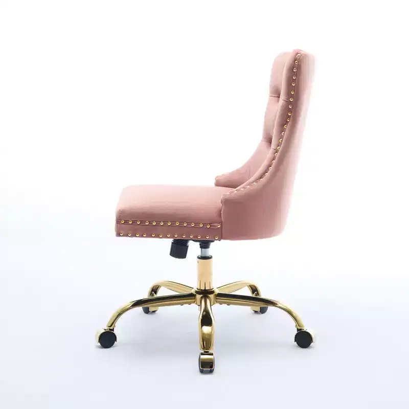 Adjustable Desk Chair Swivel Office Chair, Modern Velvet Upholstered Tufted Button Home Office Chair with Golden Metal Base, Pink