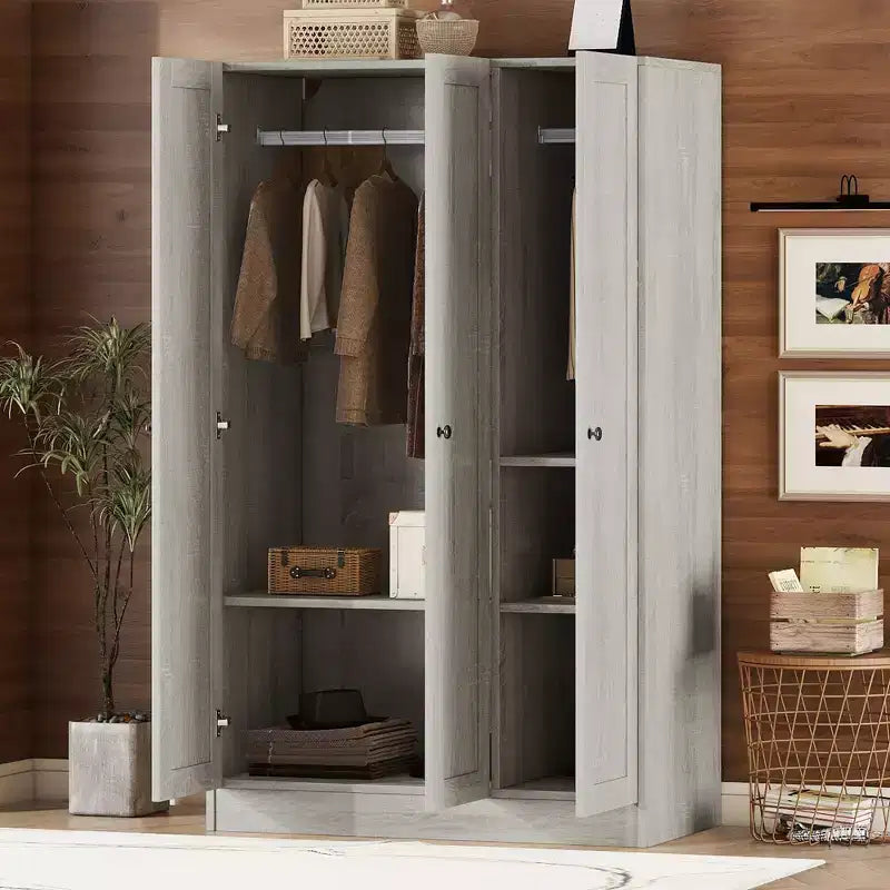 Whisen Wood 3-Door Shutter Wardrobe Armoire with 2 Hanging Rails and Storage Shelves