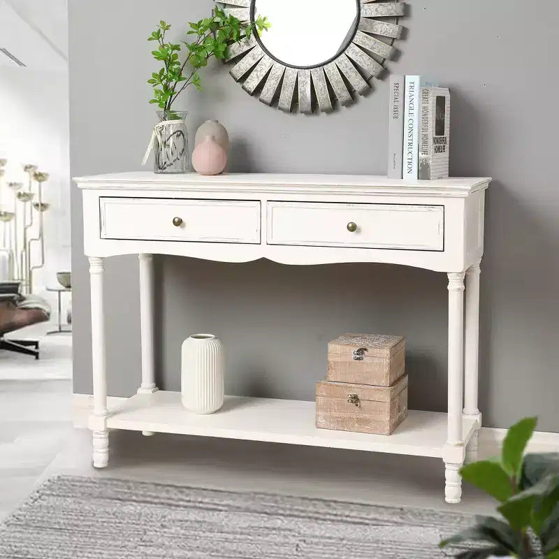LuxenHome White Wood Console Table with 2 Drawers and Shelf, Entryway Storage Furniture