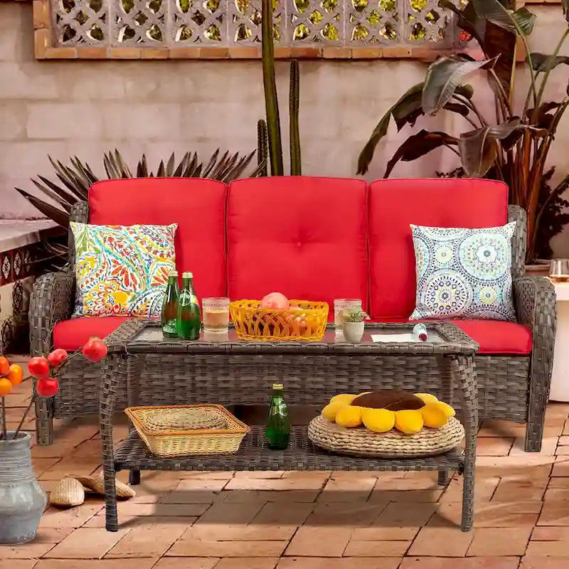 Cozywor Wicker Outdoor Lounge Sofa Couch with Cushions and Table