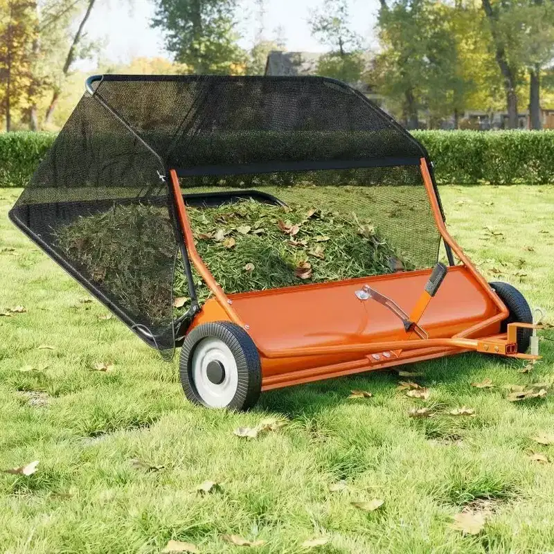 52 Orange Tow-Behind Lawn Sweeper C 26 Cu. Ft Leaf & Grass Catcher with Adjustable Brush, Dump Handle for Large Yards