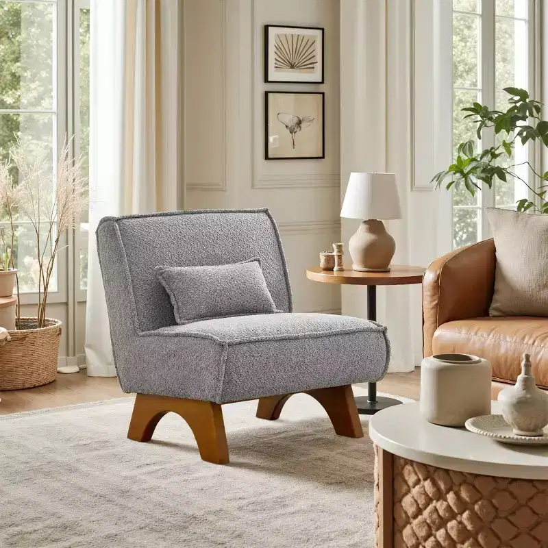 Art Leon Fabric Upholstered Accent Slipper Chair with Removable Pillow and Wood Legs