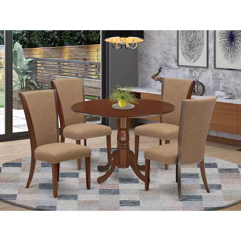 HomeStock Belmont Dining room table set of 4 kitchen chairs with Linen Fabric Light Sable color and a dining table with Mahogany Finish