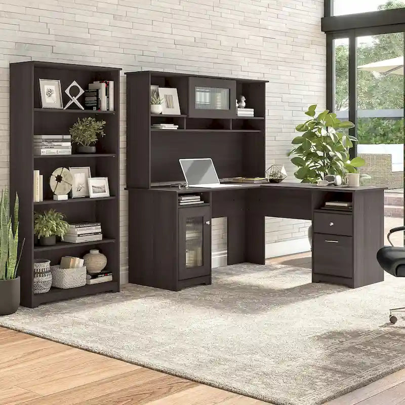 60 L-Shaped Computer Desk with Hutch, 5-Shelf Bookcase & File Drawer, 200 lb Desktop Capacity