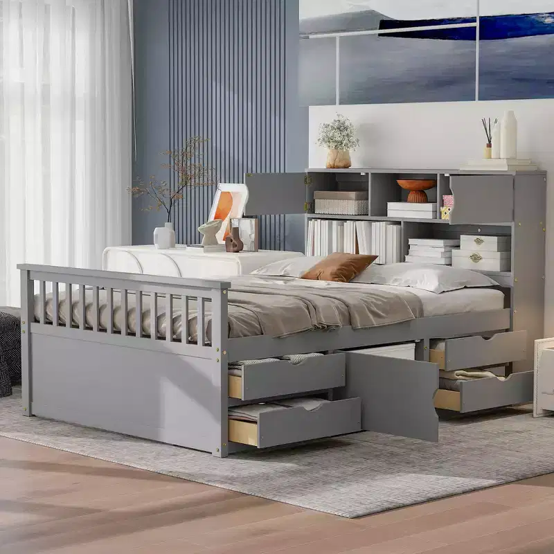 Whisen Twin Size Captain Platform Bed Frame with Storage Bookcases, Drawers and Shelves