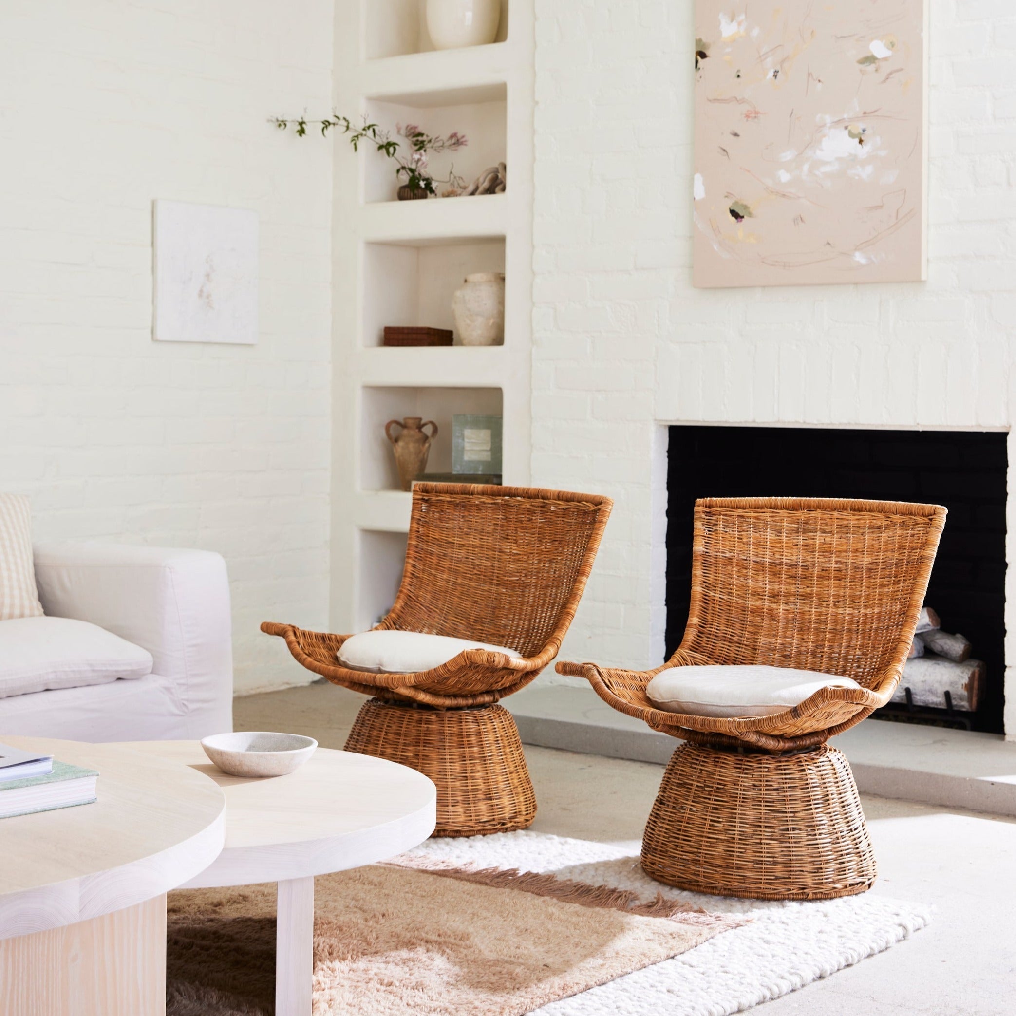 Mid-Century Modern Handwoven Rattan & Linen Small Swivel Chair with Compact Scale for Bedroom or Study