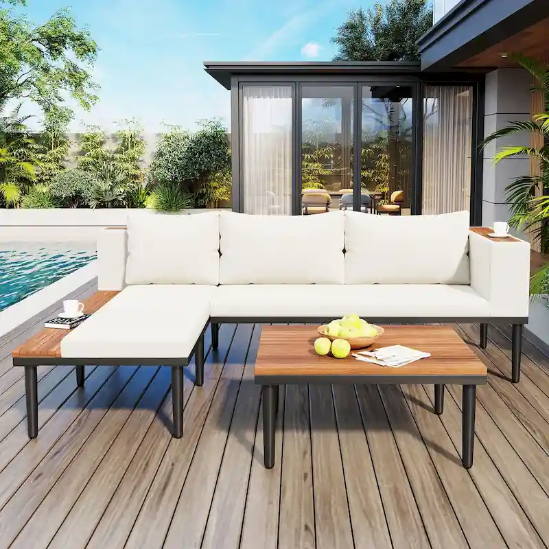 Patio Furniture Set L-Shaped Sleeper Couch with Side Table, Chaise Lounge and Coffee Table, Outdoor Conversation Sectional Sofa