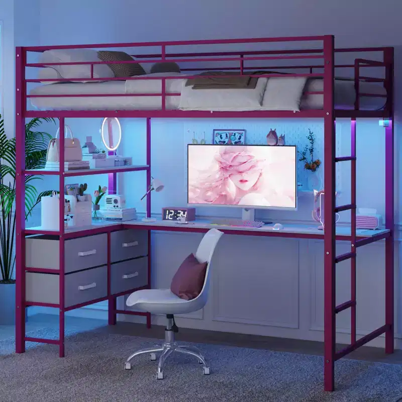 VINGLI Full Metal Loft Bed with Desk,15 Inches Guardrail,Non-Slip Ladder,2 Charging Stations,4 Drawers/Storage Shelves/LED,No Box Spring Needed,Pink