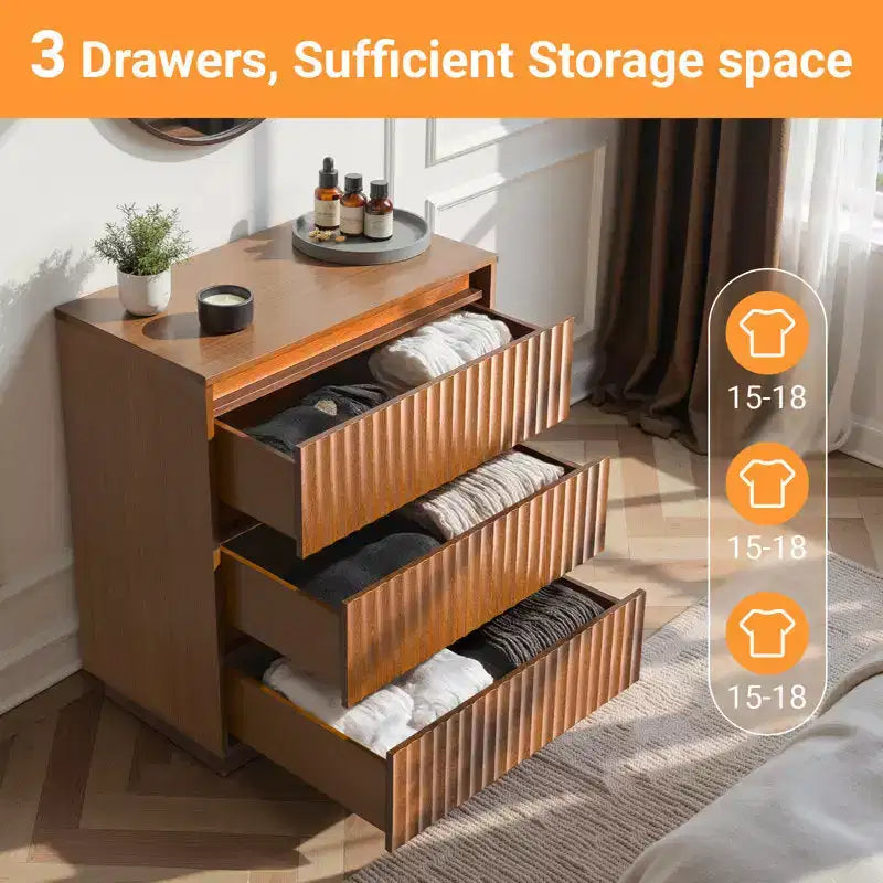 KOLIGEY 3-Drawer Dresser 27.5W Single Dresser With Waveform Fluted Panel
