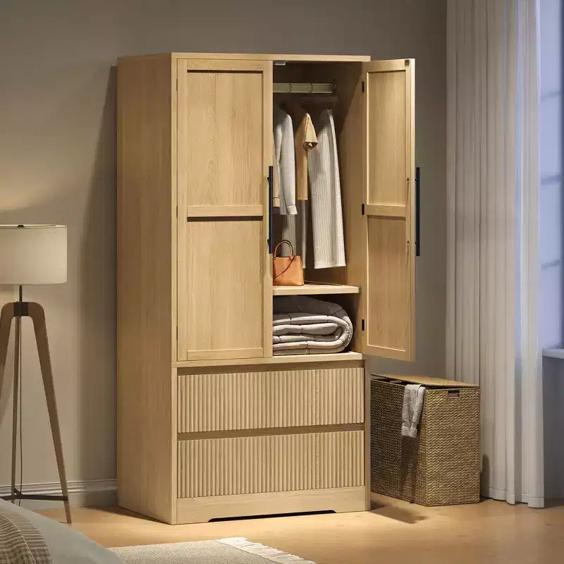 Tall Wardrobe Closet with Hanging Rod Drawers, 2-in-1 Storage Cabinet with Wood Doors for Bedroom, Large Capacity Organizer with Tip-Resistant Design