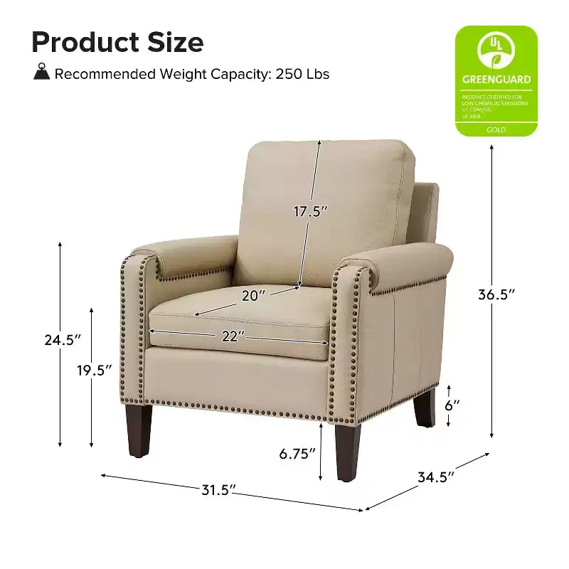 Hellmuth Genuine Leather Armchair with Removable Cushion and Nailhead Trims | HULALA HOME