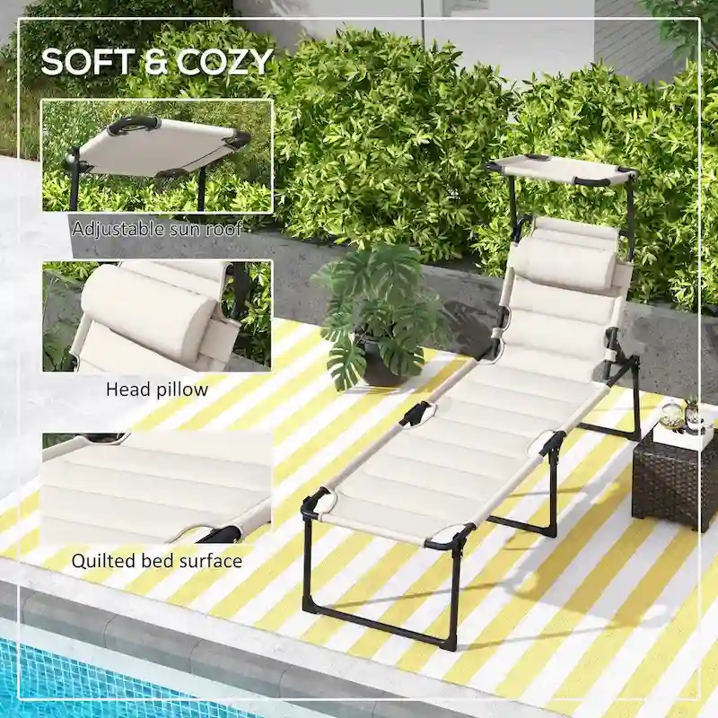 2-piece Outdoor Adjustable Backrest Folding Chaise Lounge Chair with Cushioned , Sunshade Roof & Pillow Headrest