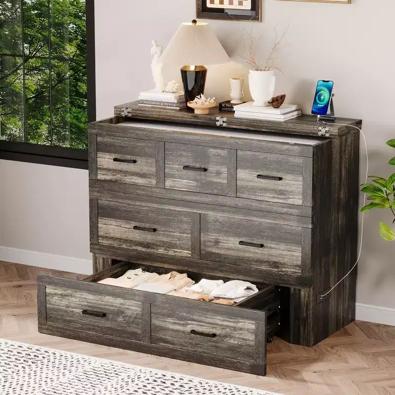 Gray / White Murphy Bed with Charging Station & Storage Drawer, Full / Queen, Sleeps 1–2
