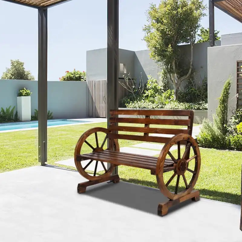 2-Person Wooden Wagon Wheel Bench with Slatted Seat and Backrest