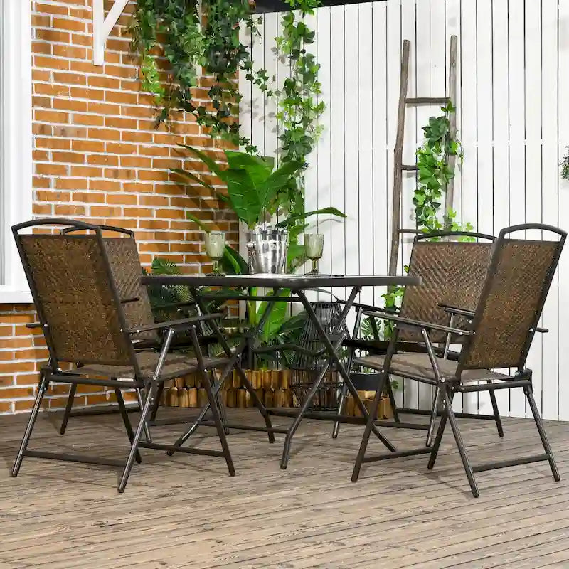 5 Piece Wicker Patio Dining Set w/ Umbrella Hole,Tempered Glass Table