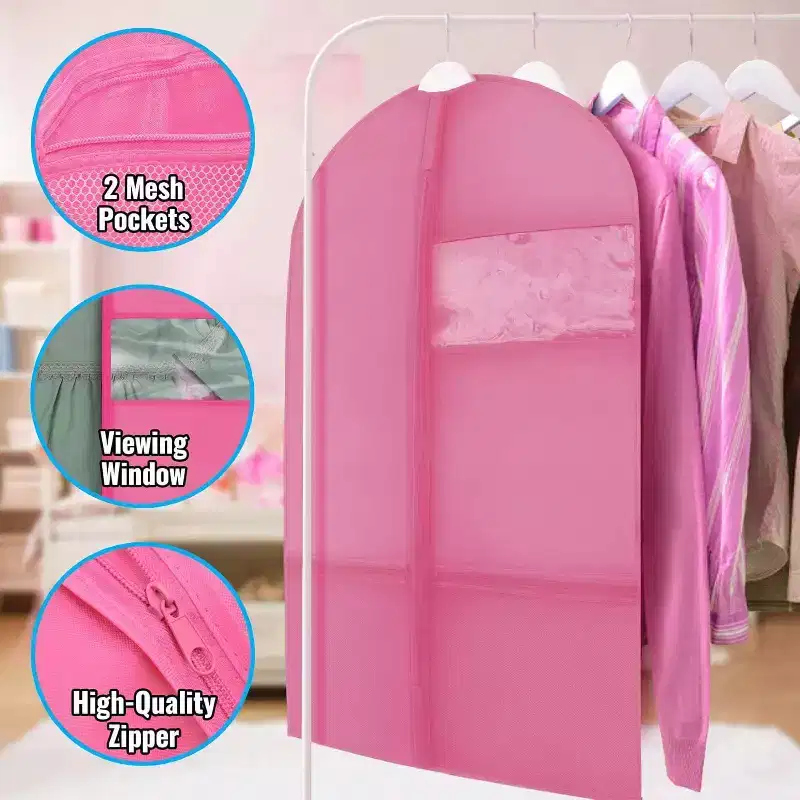 Plixio Garment Bags for Kids Dance Costumes w/ Transparent Window and Zippered Mesh Pockets for Shoes and Accessory Storage (3 Pack, Pink: 36 x 23)