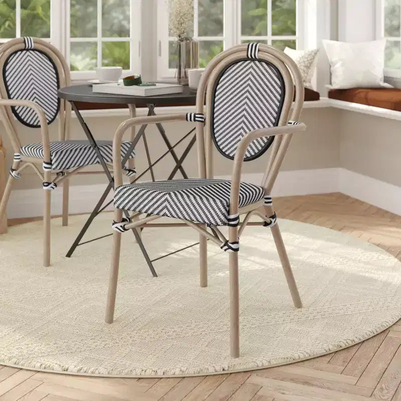 Flash Furniture Marseille Indoor/Outdoor Commercial Thonet Bistro Stacking Chair with Arms, Textilene and Bamboo Print Aluminum Frame