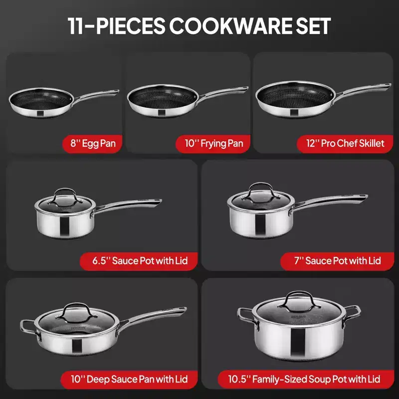 ROVSUN 11 Pcs Non-Stick Cookware Set, Stainless Steel Pots and Pans Set with Lids, Non-Toxic Kitchen Set Chef's Pan, PFOA & PTFE Free