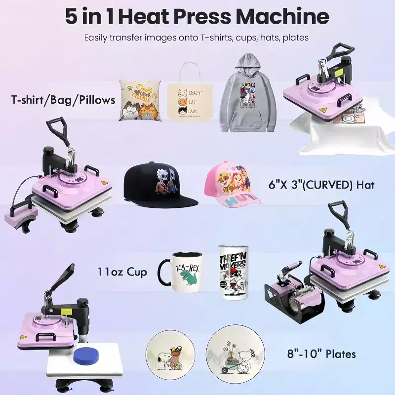 HOMDOX 15 x 12 5-in-1 Sublimation-Heat-Transferpress w/Tumbler&Hat Pressprinter for DIY-T Shirts|Caps|Mugs|Plates 360 Swing Away Macaron purple