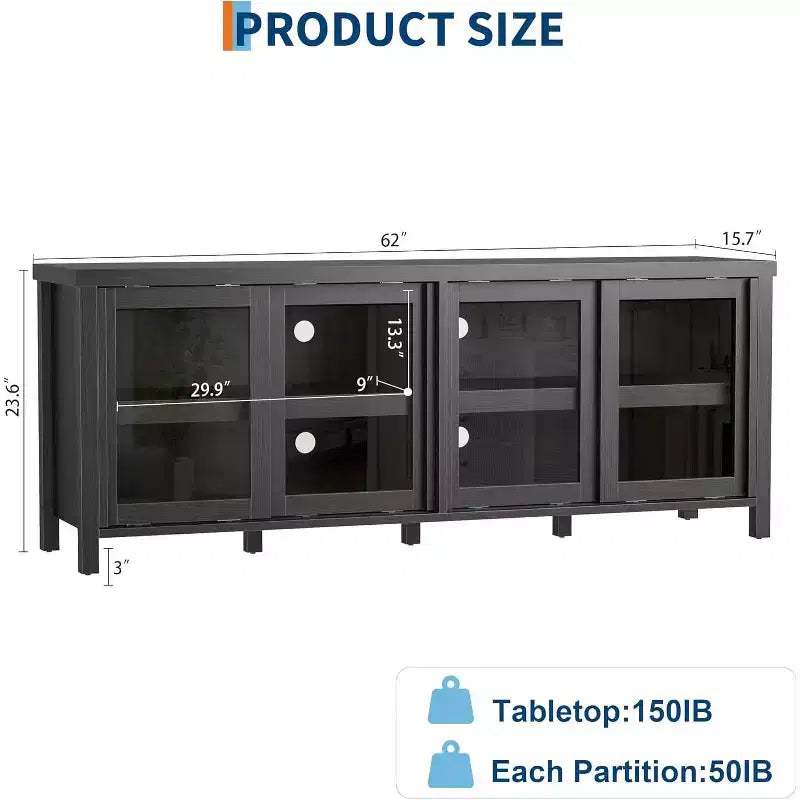 TV Stand for 65in TV, Modern Media Console Table with 4 Sliding Glass Doors & Storage Cabinet, Entertainment Center for Living Room Bedroom